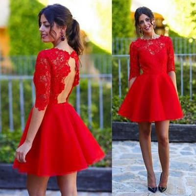 Red Prom Dress , Lace Prom Dress, Above-Knee Mini Prom Dress , Sexy Show Back Prom Dress, Free Custom Made Prom Dress , Red Homecoming Party Dress