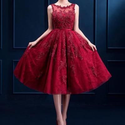 Red Tulle Prom Dress , O-Neck A-Line Prom Dress , Beautiful Beading Lace Appliques Prom Dress , Tea-Length Prom Dress , Free Custom Made Prom Dress