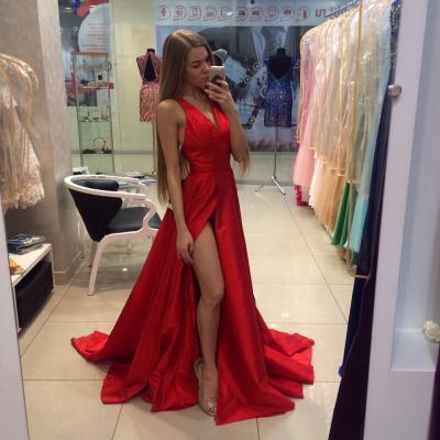 2016 New Red Prom Dress, Sexy Front Split Prom Dress , Sexy Deep V-Neck Prom Dress , A-Line Floor Length Party Dress, Free Custom Made Dress