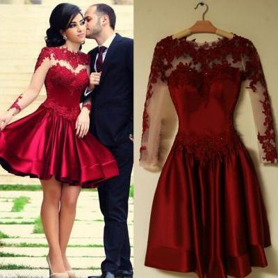 Burgundy Prom Dresses , 2016 Lace Long Sleeve Short Prom Dresses , Sexy See Through Back with Appliques , Free Custom Made Homecoming Dress