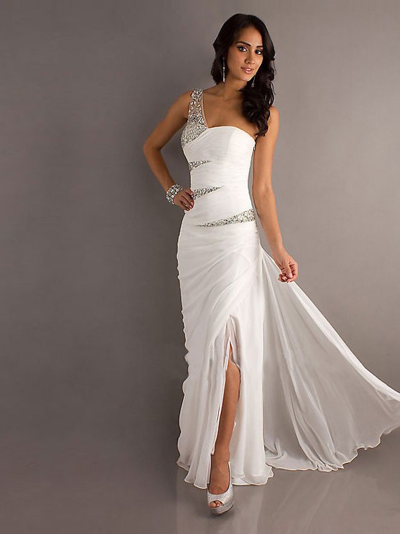 one shoulder white prom dress