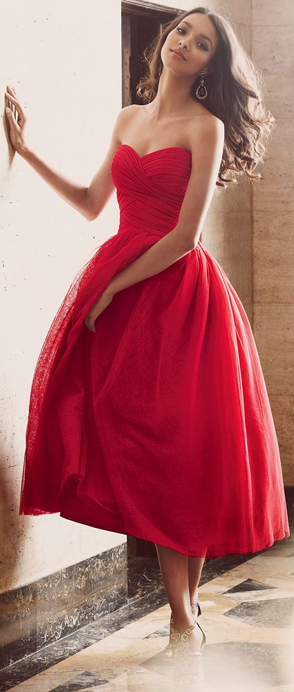 Strapless Tea Length Red Dress