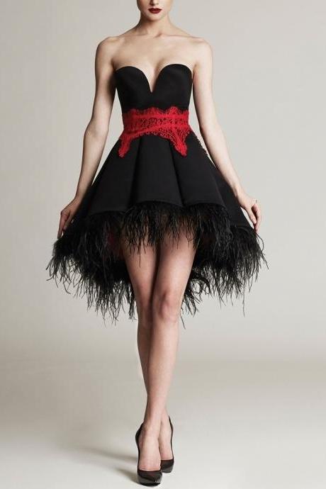 Black Feather Prom Dress , Red Lace Waist Prom Dress , Asymmetrical Prom Dress , Sexy Mini Black Prom Dress , Custom Made Prom Dress