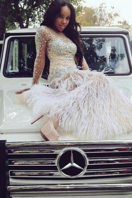 Feather Skirt Prom Dress, Sexy Front Split Prom Dress, All Crystal Beading Prom Dress, Long Sleeves Prom Dress, Fashion Party Dress