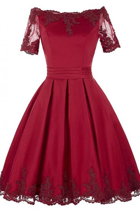 Burgundy Short A-line Homecoming Dress Featuring Lace Appliquéd Off Shoulder Bodice With Sheer Sleeves And Lace-up Back