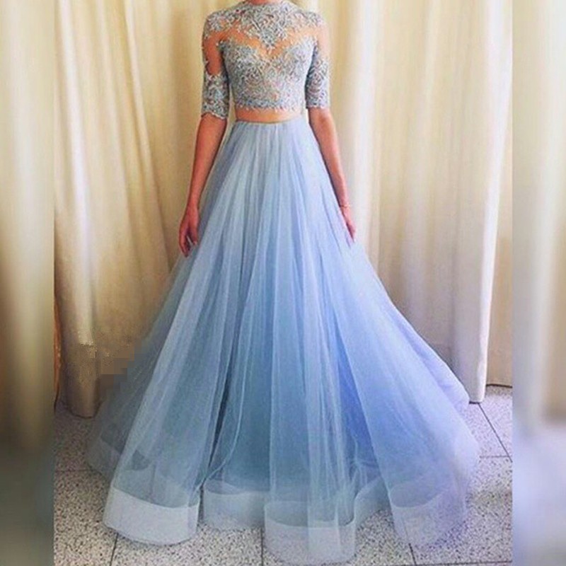 Sky Blue Prom Dress, Lace Top Half Sleeves Prom Dress, Two Pieces Prom